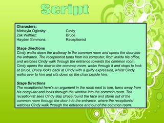 Script Characters: Michayla Oglesby:  Cindy Zak Wattiez:  Bruce Hayden Simmons:  Receptionist  Stage directions Cindy walks down the walkway to the common room and opens the door into the entrance. The receptionist turns from his computer, from inside his office, and watches Cindy walk through the entrance towards the common room. Cindy opens the door to the common room, walks through it and stops to look at Bruce. Bruce looks back at Cindy with a guilty expression, whilst Cindy walks over to him and sits down on the chair beside him. Stage Directions The receptionist here’s an argument in the room next to him, turns away from his computer and looks through the window into the common room. The receptionist sees Cindy slap Bruce round the face and storm out of the common room through the door into the entrance, where the receptionist watches Cindy walk through the entrance and out of the common room. 