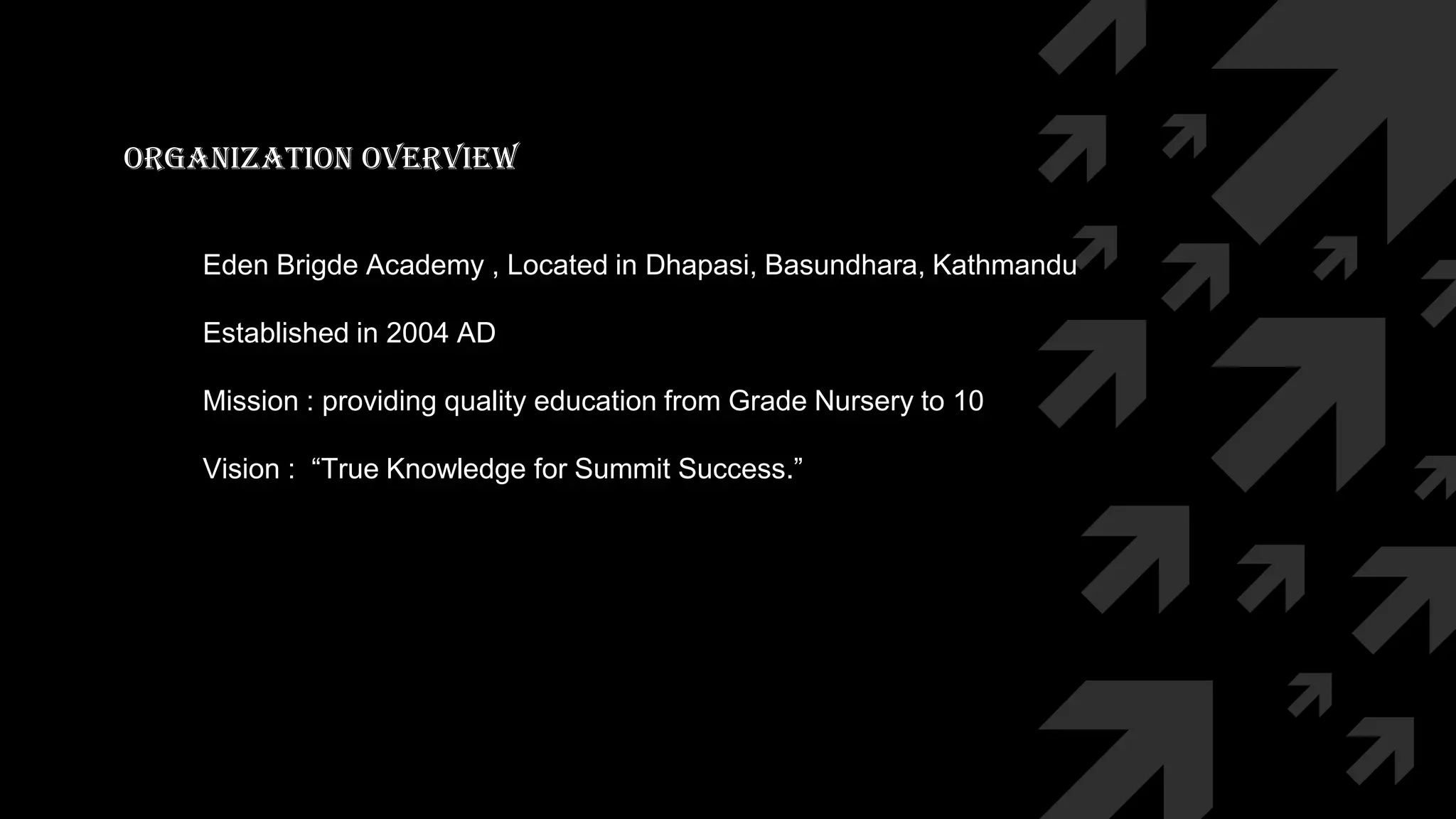 ORGANIZATION OVERVIEW
• Eden Brigde Academy , Located in Dhapasi, Basundhara, Kathmandu
• Established in 2004 AD
• Mission : providing quality education from Grade Nursery to 10
• Vision : “True Knowledge for Summit Success.”
 