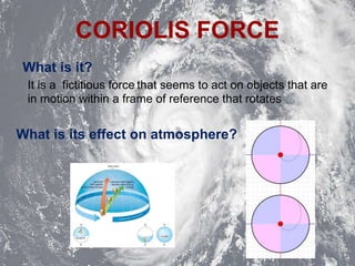 CORIOLIS FORCE
What is it?
It is a fictitious force that seems to act on objects that are
in motion within a frame of reference that rotates
What is its effect on atmosphere?
 