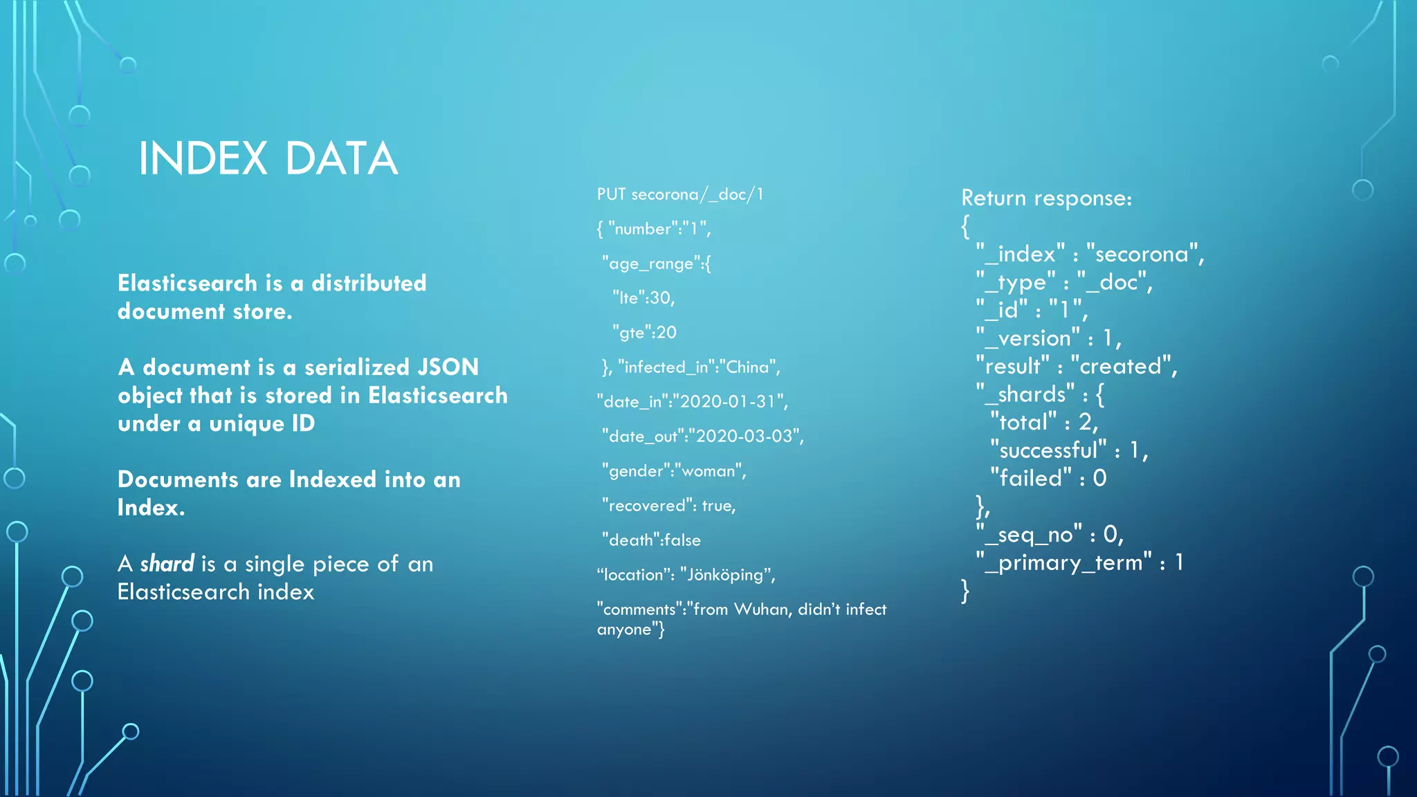 INDEX DATA PUT secorona/_doc/1
{ "number":"1",
"age_range":{
"lte":30,
"gte":20
}, "infected_in":"China",
"date_in":"2020-01-31",
"date_out":"2020-03-03",
"gender":"woman",
"recovered": true,
"death":false
“location”: "Jönköping”,
"comments":"from Wuhan, didn’t infect
anyone"}
Return response:
{
"_index" : "secorona",
"_type" : "_doc",
"_id" : "1",
"_version" : 1,
"result" : "created",
"_shards" : {
"total" : 2,
"successful" : 1,
"failed" : 0
},
"_seq_no" : 0,
"_primary_term" : 1
}
Elasticsearch is a distributed
document store.
A document is a serialized JSON
object that is stored in Elasticsearch
under a unique ID
Documents are Indexed into an
Index.
A shard is a single piece of an
Elasticsearch index
 