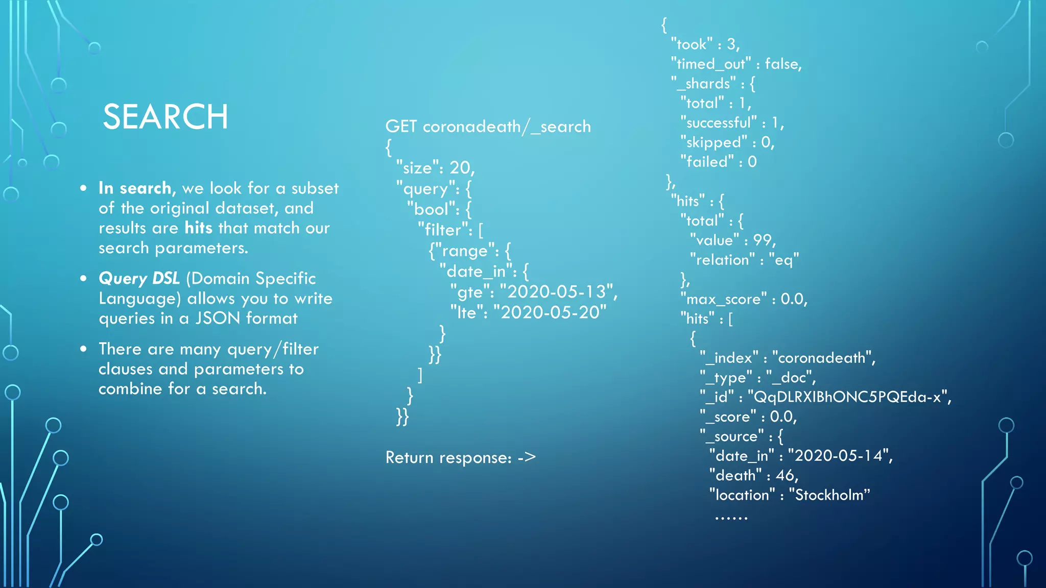 SEARCH
• In search, we look for a subset
of the original dataset, and
results are hits that match our
search parameters.
• Query DSL (Domain Specific
Language) allows you to write
queries in a JSON format
• There are many query/filter
clauses and parameters to
combine for a search.
GET coronadeath/_search
{
"size": 20,
"query": {
"bool": {
"filter": [
{"range": {
"date_in": {
"gte": "2020-05-13",
"lte": "2020-05-20"
}
}}
]
}
}}
Return response: ->
{
"took" : 3,
"timed_out" : false,
"_shards" : {
"total" : 1,
"successful" : 1,
"skipped" : 0,
"failed" : 0
},
"hits" : {
"total" : {
"value" : 99,
"relation" : "eq"
},
"max_score" : 0.0,
"hits" : [
{
"_index" : "coronadeath",
"_type" : "_doc",
"_id" : "QqDLRXIBhONC5PQEda-x",
"_score" : 0.0,
"_source" : {
"date_in" : "2020-05-14",
"death" : 46,
"location" : "Stockholm”
……
 