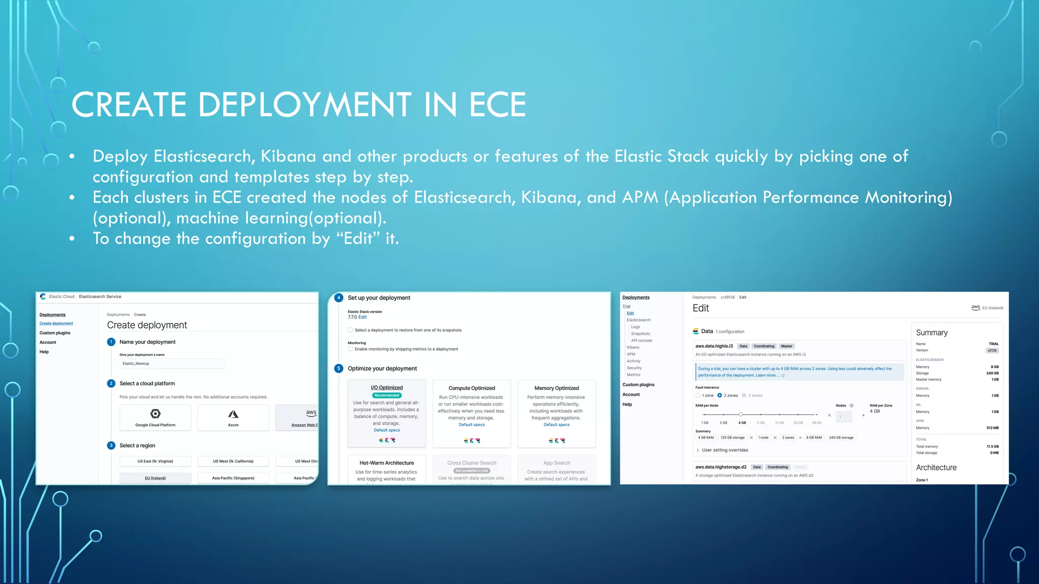 CREATE DEPLOYMENT IN ECE
• Deploy Elasticsearch, Kibana and other products or features of the Elastic Stack quickly by picking one of
configuration and templates step by step.
• Each clusters in ECE created the nodes of Elasticsearch, Kibana, and APM (Application Performance Monitoring)
(optional), machine learning(optional).
• To change the configuration by “Edit” it.
 