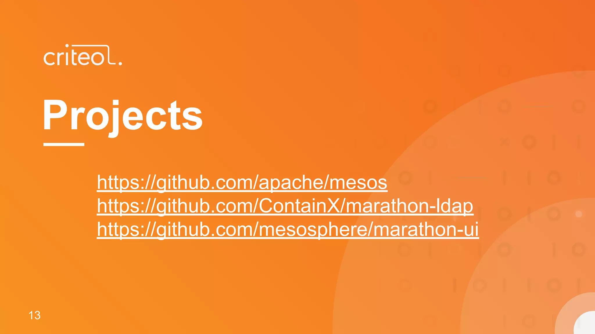 15
Projects
13
https://github.com/apache/mesos
https://github.com/ContainX/marathon-ldap
https://github.com/mesosphere/marathon-ui
 