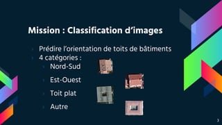 Mission : Classification d’images
› Prédire l’orientation de toits de bâtiments
› 4 catégories :
› Nord-Sud
› Est-Ouest
› Toit plat
› Autre
3
 