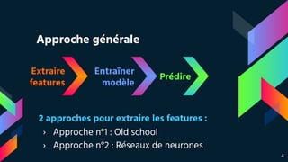 Approche générale
Extraire
features
Entraîner
modèle
Prédire
2 approches pour extraire les features :
› Approche n°1 : Old school
› Approche n°2 : Réseaux de neurones
4
 