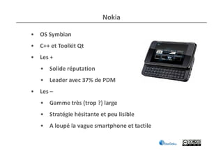 Nokia

• OS Symbian
• C++ et Toolkit Qt
• Les +
   • Solide réputation
   • Leader avec 37% de PDM
• Les –
   • Gamme très (trop ?) large
   • Stratégie hésitante et peu lisible
   • A loupé la vague smartphone et tactile
 