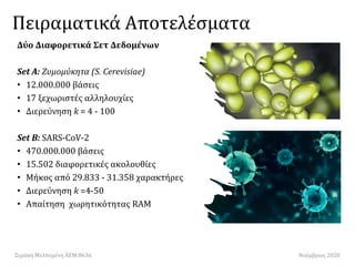 Πειραματικά Αποτελέσματα
Δύο Διαφορετικά Σετ Δεδομένων
Set A: Ζυμομύκητα (S. Cerevisiae)
• 12.000.000 βάσεις
• 17 ξεχωριστ...