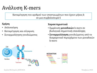 Ανάλυση K-mers
Χρήση
• Απλοποίηση
• Καταμέτρηση και σύγκριση
• Συναρμολόγηση γονιδιώματος
Χαρακτηριστικά
• Εμφάνιση μοναδικών k-mers σε
βιολογικά σημαντική επανάληψη
• Συναρμολόγηση γονιδιώματος από το
διαφορετικό περιεχόμενο των μοναδικών
k-mers
5
Σεράκη Μελπομένη ΑΕΜ:8636 Νοέμβριος 2020
Καταμέτρηση του αριθμού των υποστρωμάτων που έχουν μήκος k
σε μια συμβολοσειρά S
 