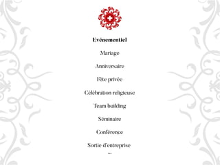 Evénementiel
Mariage
Anniversaire
Fête privée
Célébration religieuse
Team building
Séminaire
Conférence
Sortie d’entreprise
...
 