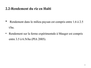 2.2-Rendement du riz en Haïti
• Rendement dans le milieu paysan est compris entre 1.6 à 2.5
t/ha.
• Rendement sur la ferme expérimentale à Mauger est compris
entre 3.5 à 6.5t/ha (PIA 2005).
10
 