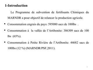 1-Introduction
Le Programme de subvention de fertilisants Chimiques du
MARNDR a pour objectif de relancer la production agricole.
 Consommation engrais du pays: 595080 sacs de 100lbs .
 Consommation à la vallée de l’Artibonite: 386309 sacs de 100
lbs (65%).
 Consommation à Petite Rivière de l’Artibonite: 44682 sacs de
100lbs (12 %) (MARNDR/PSF,2011).
3
 