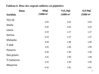 Tableau 6. Dose des engrais utilisées en pépinière
Dose
Variétés
N(kg)
/1000 m2
P2O5 (kg)
/1000 m2
K2O (Kg)
/1000 m2
TCS-10
5.92 2.63 2.63
Shella
5.92 2.63 2.63
Leona
4.19 1.27 1.27
Soirina
4.19 1.27 1.27
Malayika
4.50 1.90 1.90
Ti didi
3.25 1.90 1.90
Posecris
4.50 1.90 1.90
Dan griyen
3.25 1.90 1.90
Ti haitienne
3.25 1.90 1.90
Moyenne
4.33 1.92 1.92
34
 