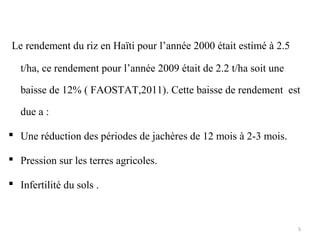 Le rendement du riz en Haïti pour l’année 2000 était estimé à 2.5
t/ha, ce rendement pour l’année 2009 était de 2.2 t/ha soit une
baisse de 12% ( FAOSTAT,2011). Cette baisse de rendement est
due a :
 Une réduction des périodes de jachères de 12 mois à 2-3 mois.
 Pression sur les terres agricoles.
 Infertilité du sols .
5
 