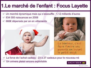 1.Le marché de l’enfant : Focus Layette
  Un marché dynamique mais qui s’essouffle : 1,12 milliards d’euros
  834 000 naissances en 2008
  666€ dépensés par an en vêtements




  La force de l’achat cadeau : 23 à 27 cadeaux pour le nouveau-né
  Un univers plaisir encore exploitable
 