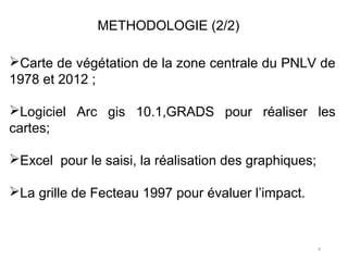 METHODOLOGIE (2/2)
Carte de végétation de la zone centrale du PNLV de
1978 et 2012 ;
Logiciel Arc gis 10.1,GRADS pour ré...