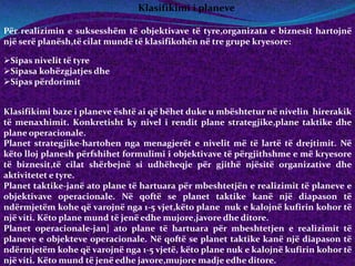 Klasifikimi i planeve
Për realizimin e suksesshëm të objektivave të tyre,organizata e biznesit hartojnë
një serë planësh,të cilat mundë të klasifikohën në tre grupe kryesore:
Sipas nivelit të tyre
Sipasa kohëzgjatjes dhe
Sipas përdorimit
Klasifikimi baze i planeve është ai që bëhet duke u mbështetur në nivelin hirerakik
të menaxhimit. Konkretisht ky nivel i rendit plane strategjike,plane taktike dhe
plane operacionale.
Planet strategjike-hartohen nga menagjerët e nivelit më të lartë të drejtimit. Në
këto lloj planesh përfshihet formulimi i objektivave të përgjithshme e më kryesore
të biznesit,të cilat shërbejnë si udhëheqje për gjithë njësitë organizative dhe
aktivitetet e tyre.
Planet taktike-janë ato plane të hartuara për mbeshtetjën e realizimit të planeve e
objektivave operacionale. Në qoftë se planet taktike kanë një diapason të
ndërmjetëm kohe që varojnë nga 1-5 vjet,këto plane nuk e kalojnë kufirin kohor të
një viti. Këto plane mund të jenë edhe mujore,javore dhe ditore.
Planet operacionale-jan] ato plane të hartuara për mbeshtetjen e realizimit të
planeve e objekteve operacionale. Në qoftë se planet taktike kanë një diapason të
ndërmjetëm kohe që varojnë nga 1-5 vjetë, këto plane nuk e kalojnë kufirin kohor të
një viti. Këto mund të jenë edhe javore,mujore madje edhe ditore.
 
