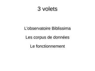 3 volets
L’observatoire Biblissima
Les corpus de données
Le fonctionnement
 