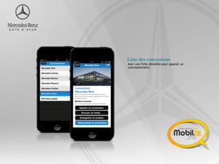 Liste des concessions
Avec une fiche détaillée pour appeler un
concessionnaire.
 