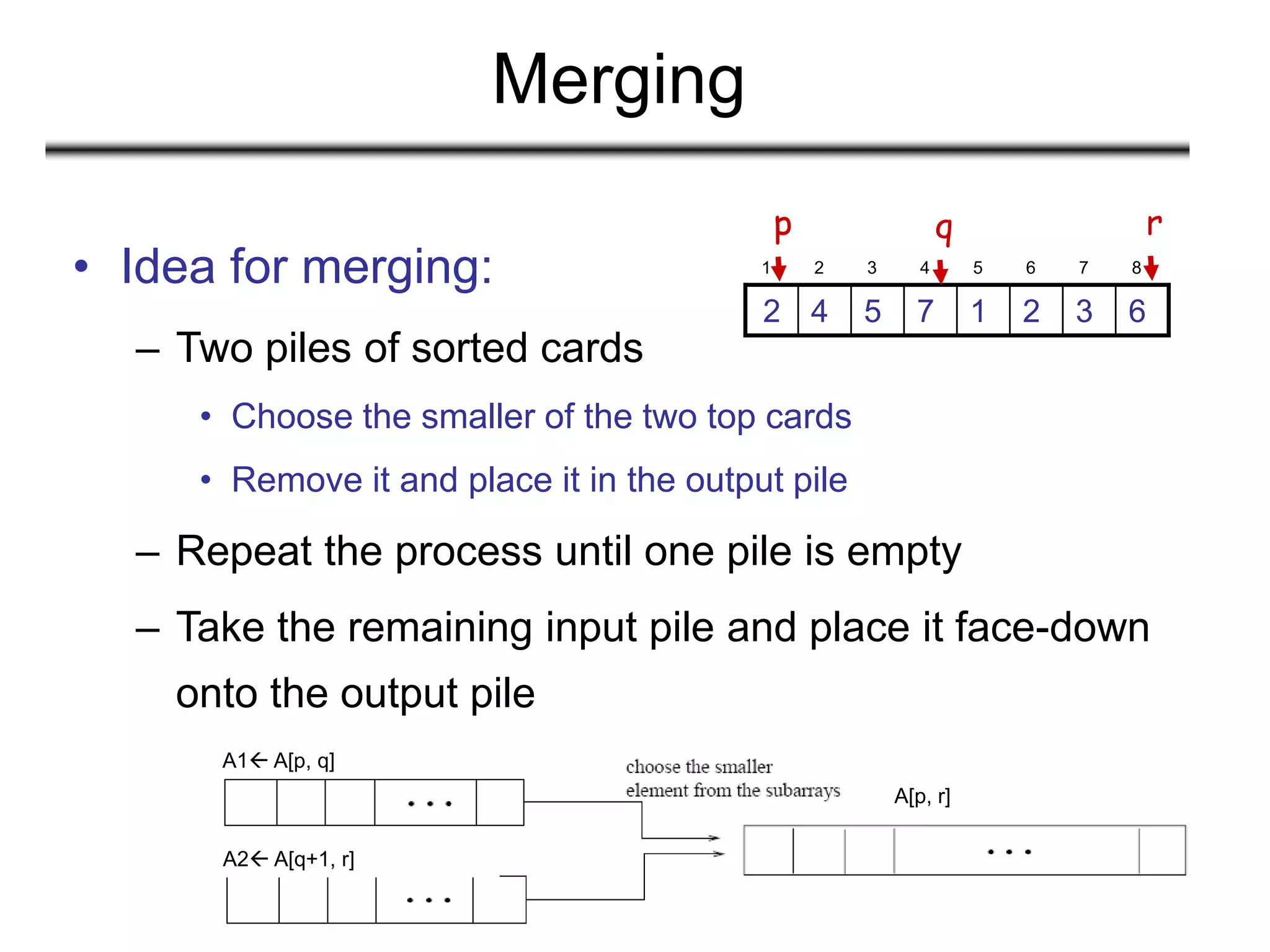 12
Merging
• Idea for merging:
– Two piles of sorted cards
• Choose the smaller of the two top cards
• Remove it and place it in the output pile
– Repeat the process until one pile is empty
– Take the remaining input pile and place it face-down
onto the output pile
1 2 3 4 5 6 7 8
6
3
2
1
7
5
4
2
p r
q
A1 A[p, q]
A2 A[q+1, r]
A[p, r]
 