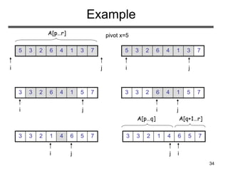 34
Example
7
3
1
4
6
2
3
5
i j
7
5
1
4
6
2
3
3
i j
7
5
1
4
6
2
3
3
i j
7
5
6
4
1
2
3
3
i j
7
3
1
4
6
2
3
5
i j
A[p…r]
7
5
6
4
1
2
3
3
i
j
A[p…q] A[q+1…r]
pivot x=5
 