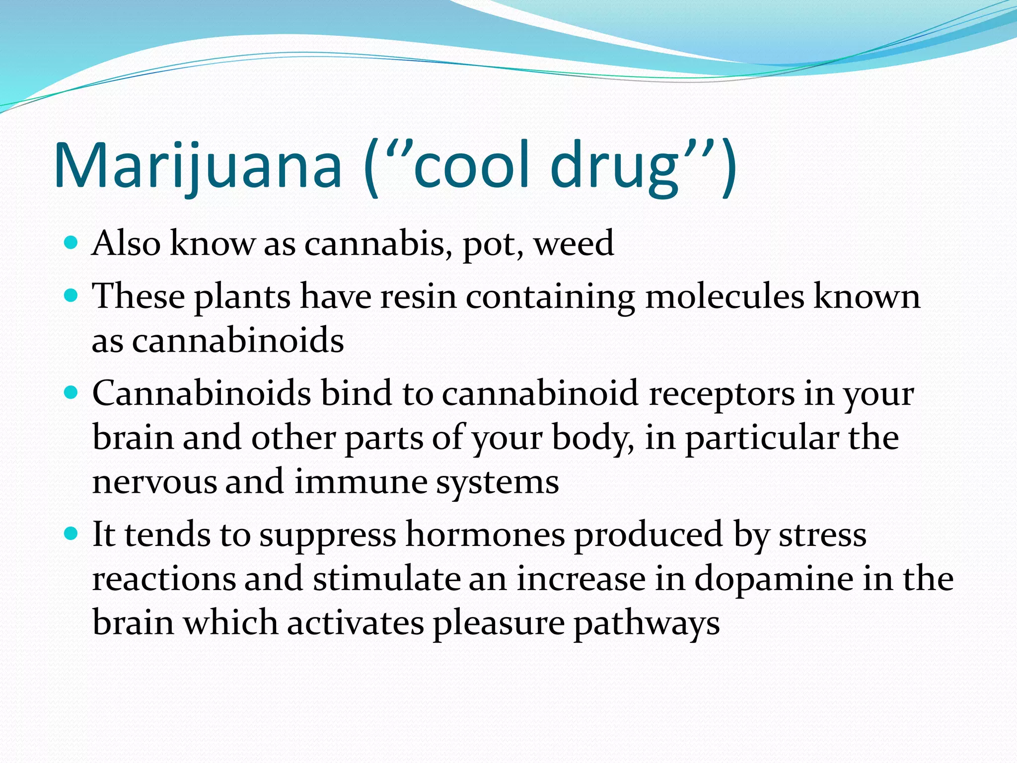 Marijuana (‘’cool drug’’) 
 Also know as cannabis, pot, weed 
 These plants have resin containing molecules known 
as cannabinoids 
 Cannabinoids bind to cannabinoid receptors in your 
brain and other parts of your body, in particular the 
nervous and immune systems 
 It tends to suppress hormones produced by stress 
reactions and stimulate an increase in dopamine in the 
brain which activates pleasure pathways 
 