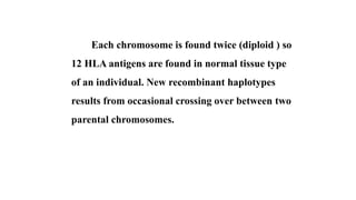 Each chromosome is found twice (diploid ) so
12 HLA antigens are found in normal tissue type
of an individual. New recombinant haplotypes
results from occasional crossing over between two
parental chromosomes.
 