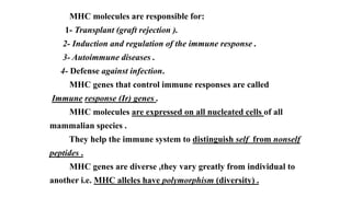 MHC molecules are responsible for:
1- Transplant (graft rejection ).
2- Induction and regulation of the immune response .
3- Autoimmune diseases .
4- Defense against infection.
MHC genes that control immune responses are called
Immune response (Ir) genes .
MHC molecules are expressed on all nucleated cells of all
mammalian species .
They help the immune system to distinguish self from nonself
peptides .
MHC genes are diverse ,they vary greatly from individual to
another i.e. MHC alleles have polymorphism (diversity) .
 
