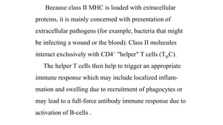 Because class II MHC is loaded with extracellular
proteins, it is mainly concerned with presentation of
extracellular pathogens (for example, bacteria that might
be infecting a wound or the blood). Class II molecules
interact exclusively with CD4+ "helper" T cells (THC).
The helper T cells then help to trigger an appropriate
immune response which may include localized inflam-
mation and swelling due to recruitment of phagocytes or
may lead to a full-force antibody immune response due to
activation of B-cells .
 