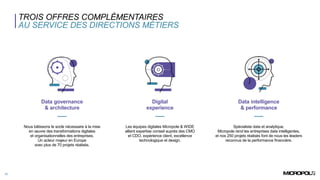 TROIS OFFRES COMPLÉMENTAIRES
AU SERVICE DES DIRECTIONS MÉTIERS
13
Data governance
& architecture
Digital
experience
Data intelligence
& performance
Nous bâtissons le socle nécessaire à la mise
en œuvre des transformations digitales
et organisationnelles des entreprises.
Un acteur majeur en Europe
avec plus de 70 projets réalisés.
Les équipes digitales Micropole & WIDE
allient expertise conseil auprès des CMO
et CDO, expérience client, excellence
technologique et design.
Spécialiste data et analytique,
Micropole rend les entreprises data intelligentes,
et nos 250 projets réalisés font de nous les leaders
reconnus de la performance financière.
 
