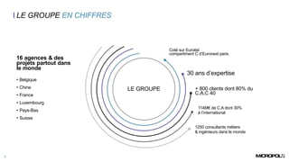 LE GROUPE EN CHIFFRES
3
16 agences & des
projets partout dans
le monde
• Belgique
• Chine
• France
• Luxembourg
• Pays-Bas
• Suisse
LE GROUPE
Q
s
d
q
s
d
q
s
Coté sur Eurolist
compartiment C d’Euronext paris
30 ans d’expertise
+ 800 clients dont 80% du
C.A.C 40
114M€ de C.A dont 30%
à l’international
1250 consultants métiers
& ingénieurs dans le monde
 