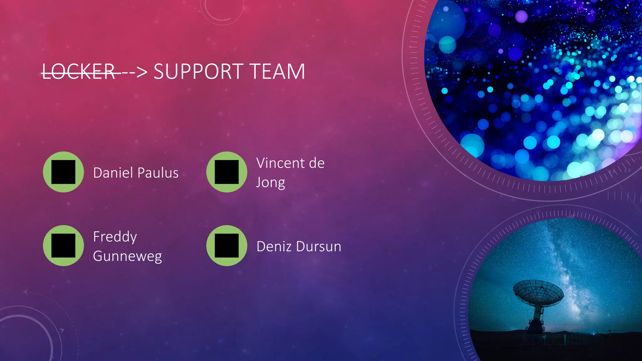 LOCKER --> SUPPORT TEAM
Daniel Paulus
Vincent de
Jong
Freddy
Gunneweg
Deniz Dursun