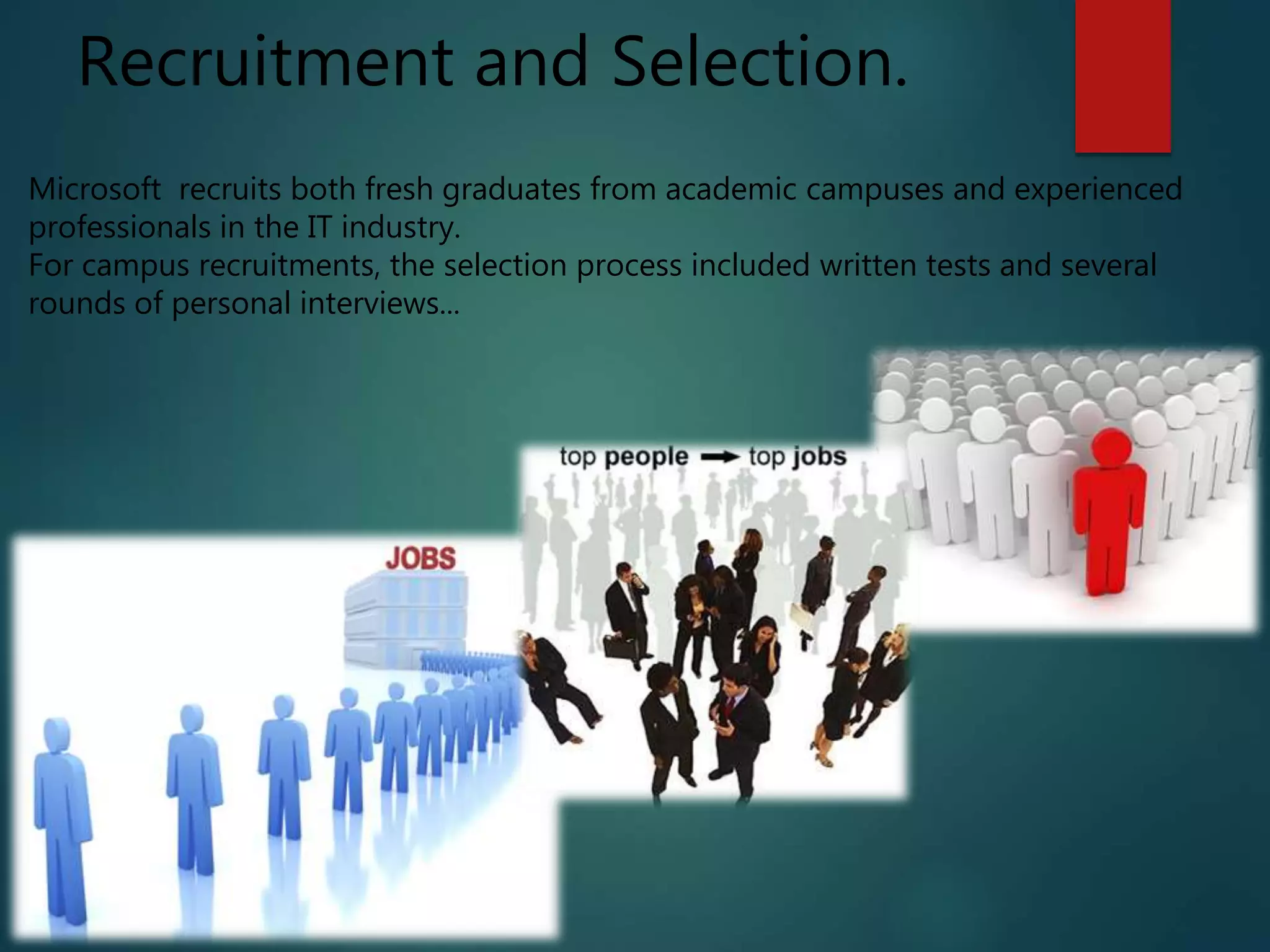 Recruitment and Selection.
Microsoft recruits both fresh graduates from academic campuses and experienced
professionals in the IT industry.
For campus recruitments, the selection process included written tests and several
rounds of personal interviews...
 