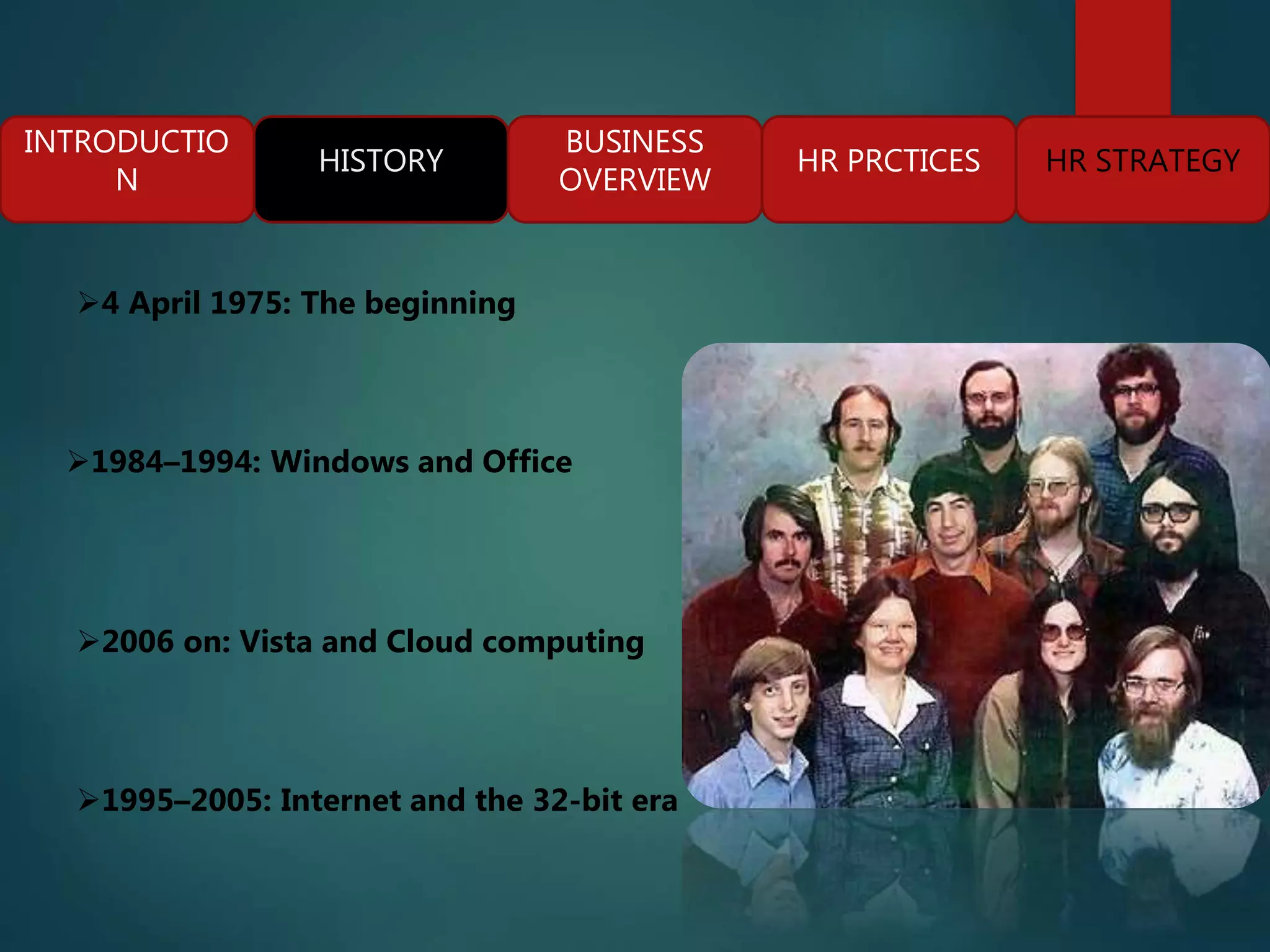 INTRODUCTIO
N
HISTORY
BUSINESS
OVERVIEW
HR PRCTICES HR STRATEGY
4 April 1975: The beginning
1995–2005: Internet and the 32-bit era
1984–1994: Windows and Office
2006 on: Vista and Cloud computing
 