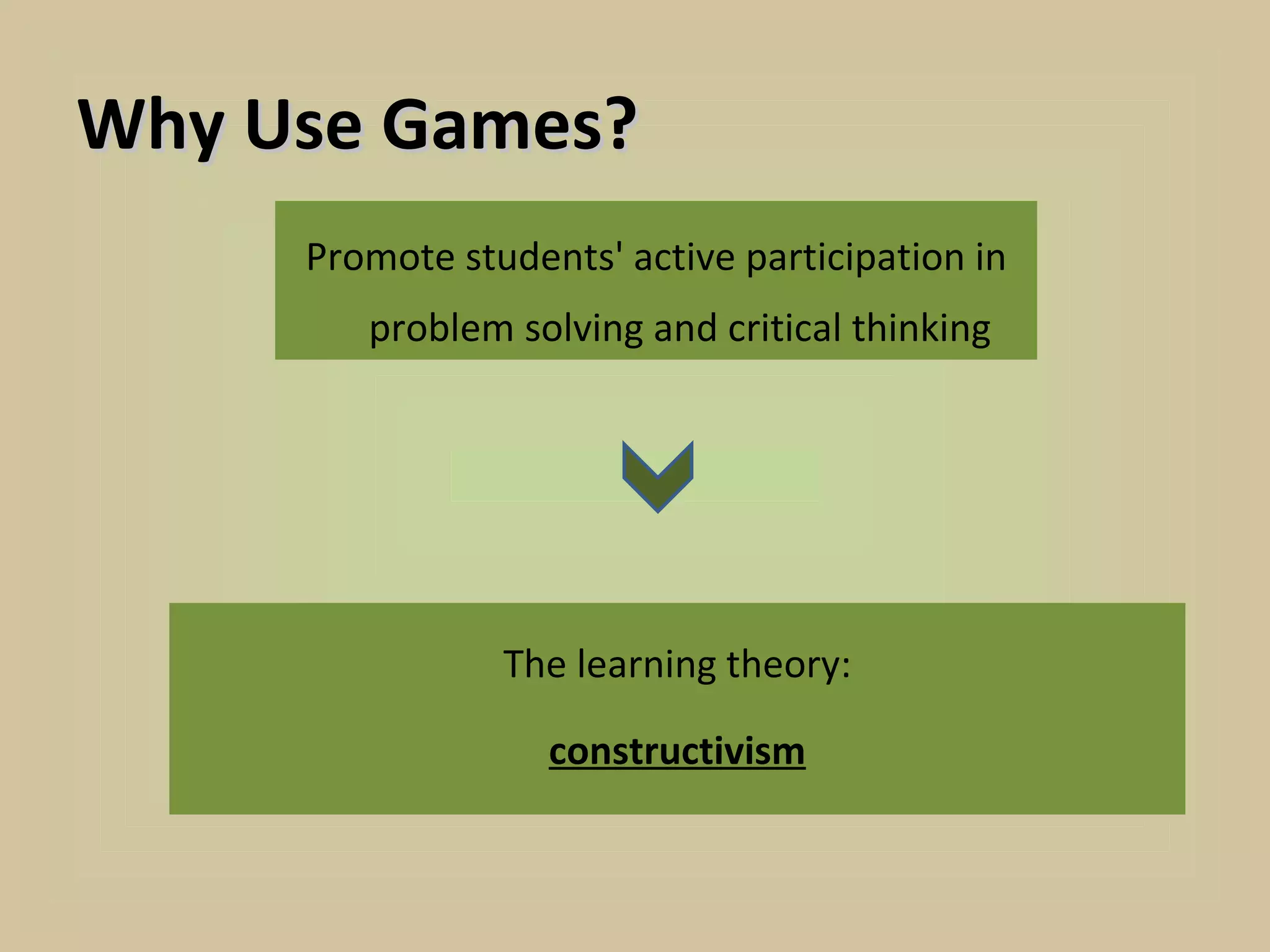 Why Use Games?
     Promote students' active participation in
        problem solving and critical thinking




                The learning theory:

                   constructivism
 