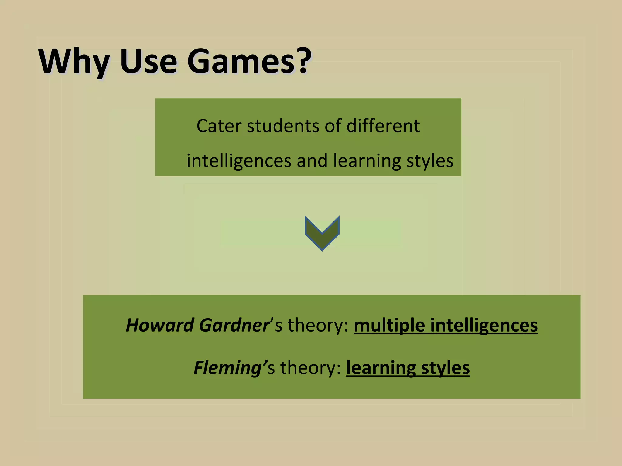 Why Use Games?
            Cater students of different
          intelligences and learning styles




    Howard Gardner’s theory: multiple intelligences

           Fleming’s theory: learning styles
 