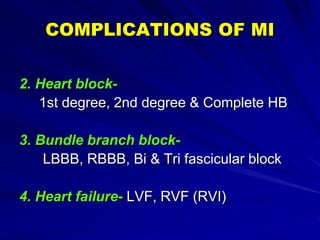 COMPLICATIONS OF MI
2. Heart block-
1st degree, 2nd degree & Complete HB
3. Bundle branch block-
LBBB, RBBB, Bi & Tri fascicular block
4. Heart failure- LVF, RVF (RVI)
 
