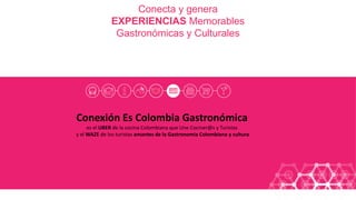 Conexión Es Colombia Gastronómica
es el UBER de la cocina Colombiana que Une Cociner@s y Turistas
y el WAZE de los turistas amantes de la Gastronomía Colombiana y cultura
Conecta y genera
EXPERIENCIAS Memorables
Gastronómicas y Culturales
 