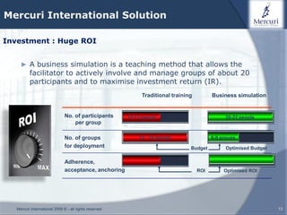 Mercuri International Solution

Investment : Huge ROI


     ► A business simulation is a teaching method that allows the
          facilitator to actively involve and manage groups of about 20
          participants and to maximise investment return (IR).
                                                             Traditional training         Business simulation


                               No. of participants      10-12 people personnes
                                                                10-12                          20-22 people
                                   per group

                               No. of groups                12 - 18 groups                8-9 groups
                               for deployment                                    Budget         Optimised Budget

                               Adherence,
                               acceptance, anchoring                                ROI        Optimised ROI




   Mercuri International 2009 © - all rights reserved                                                              13
 