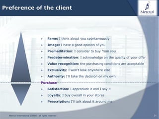Preference of the client




                                   ►      Fame: I think about you spontaneously

                                   ►      Image: I have a good opinion of you

                                   ►      Premeditation: I consider to buy from you

                                   ►      Predetermination: I acknowledge on the quality of your offer

                                   ►      Value recognition: the purchasing conditions are acceptable

                                   ►      Exclusivity: I won’t look anywhere else

                                   ►      Authority: I’ll take the decision on my own

                                   Purchase

                                   ►      Satisfaction: I appreciate it and I say it

                                   ►      Loyalty: I buy overall in your stores

                                   ►      Prescription: I’ll talk about it around me



  Mercuri International 2009 © - all rights reserved                                                     21
 