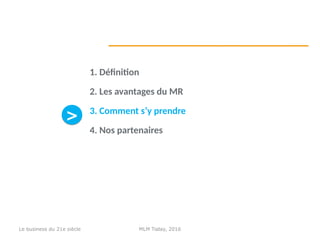 1. Définition
2. Les avantages du MR
3. Comment s’y prendre
4. Nos partenaires
>>
MLM Today, 2016Le business du 21e siècle
 