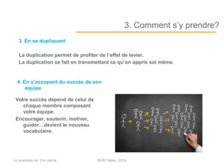 3. En se dupliquant
La duplication permet de profiter de l’effet de levier.
La duplication se fait en transmettant ce qu’on appris soi même.
3. Comment s’y prendre?
4. En s’occupant du succès de son
équipe
Votre succès dépend de celui de
chaque membre composant
votre équipe.
Encourager, soutenir, motiver,
guider…devient le nouveau
vocabulaire.
MLM Today, 2016Le business du 21e siècle
 