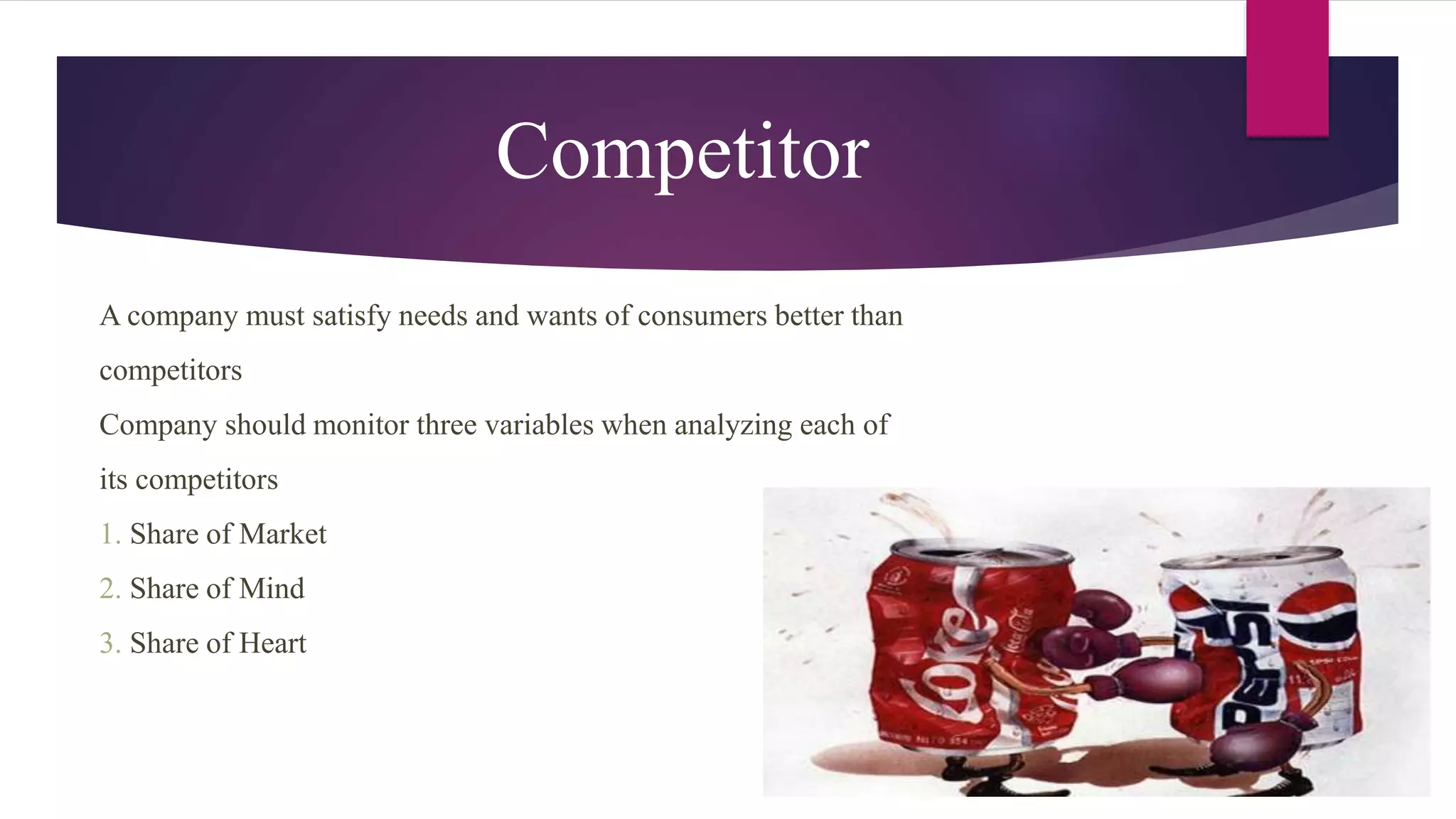 Competitor
A company must satisfy needs and wants of consumers better than
competitors
Company should monitor three variables when analyzing each of
its competitors
1. Share of Market
2. Share of Mind
3. Share of Heart
 
