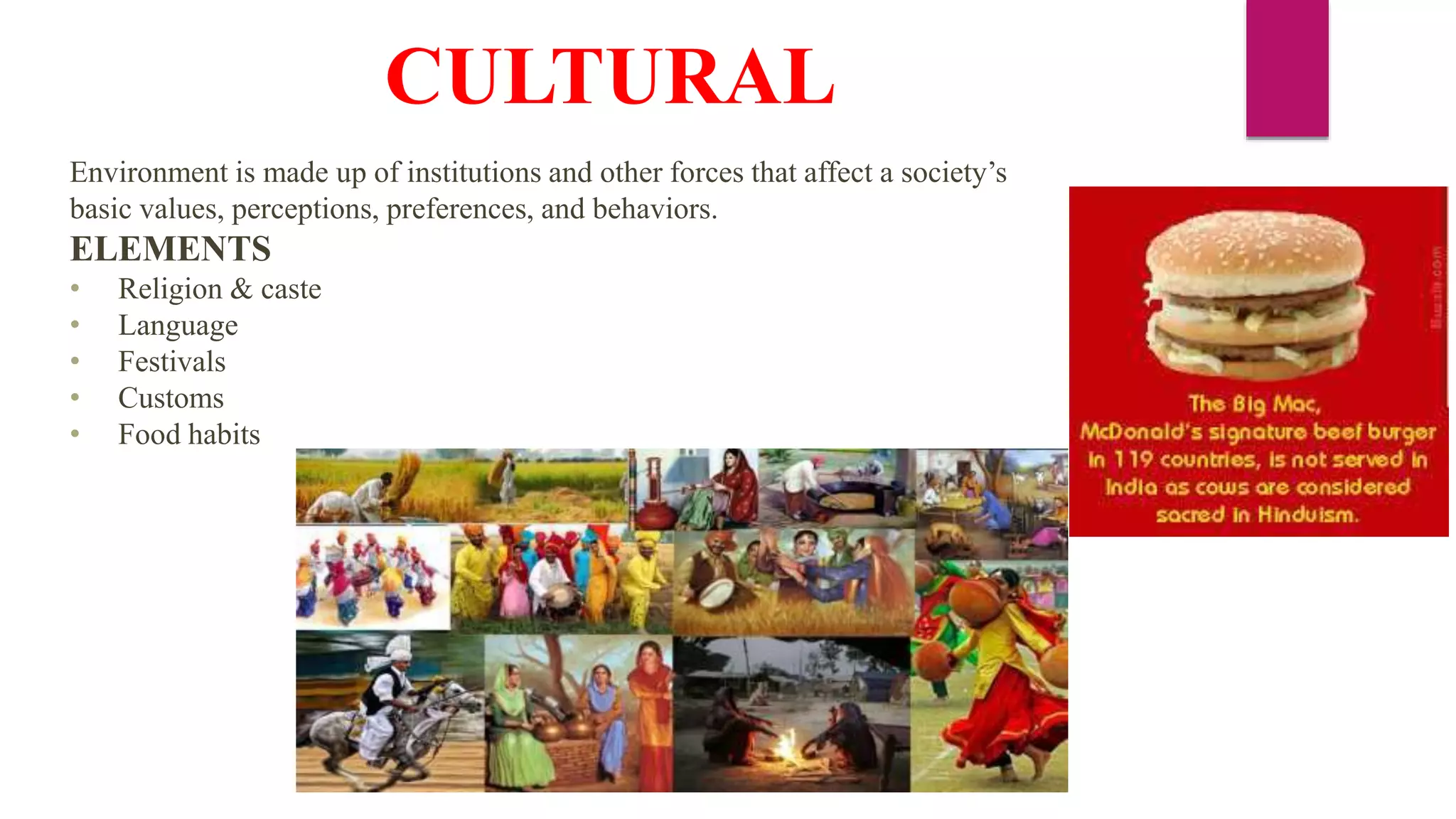 Environment is made up of institutions and other forces that affect a society’s
basic values, perceptions, preferences, and behaviors.
ELEMENTS
• Religion & caste
• Language
• Festivals
• Customs
• Food habits
CULTURAL
 