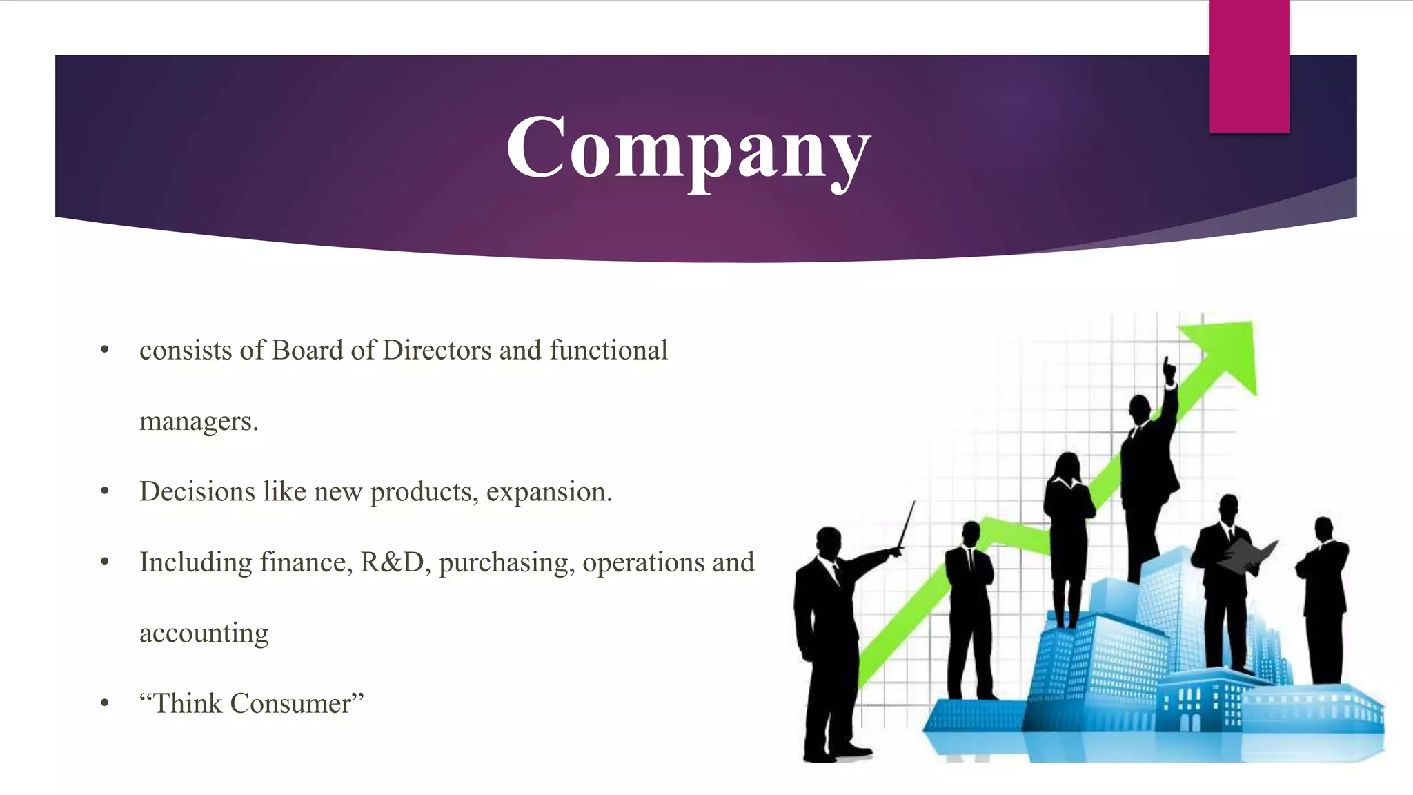 Company
• consists of Board of Directors and functional
managers.
• Decisions like new products, expansion.
• Including finance, R&D, purchasing, operations and
accounting
• “Think Consumer”
 