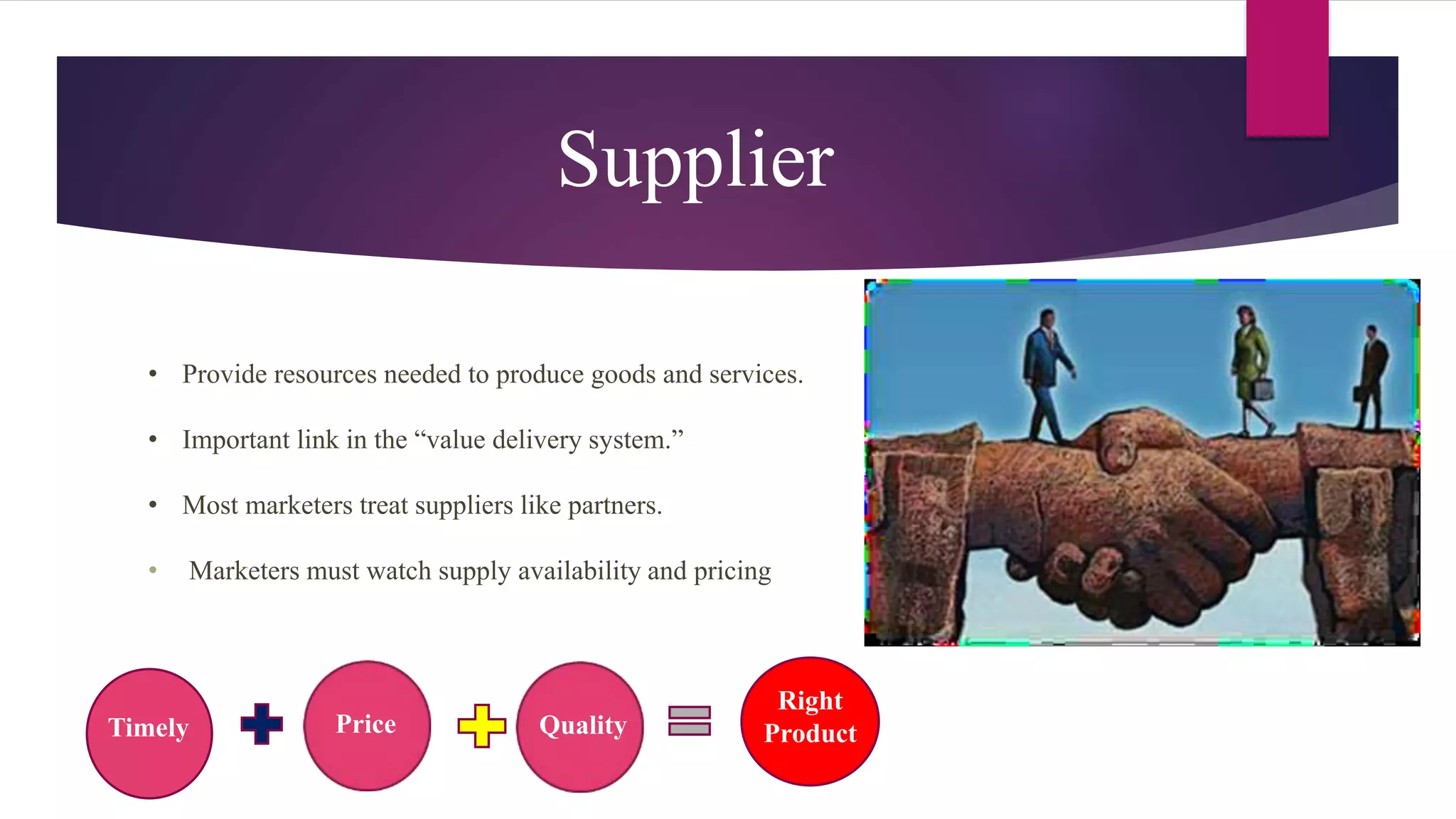 Supplier
• Provide resources needed to produce goods and services.
• Important link in the “value delivery system.”
• Most marketers treat suppliers like partners.
• Marketers must watch supply availability and pricing
Timely Price Quality
Right
Product
 