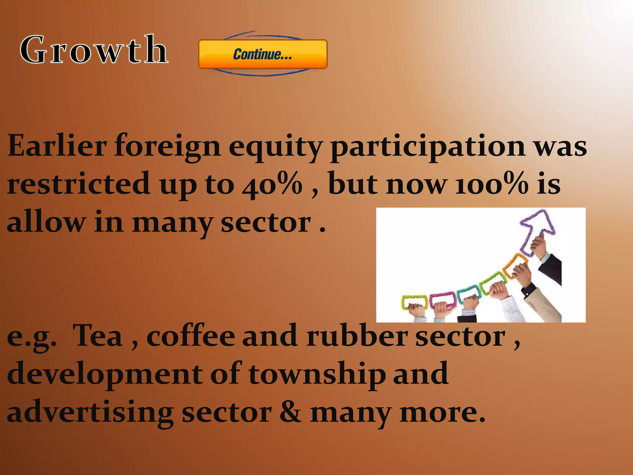 Earlier foreign equity participation was
restricted up to 40% , but now 100% is
allow in many sector .
e.g. Tea , coffee and rubber sector ,
development of township and
advertising sector & many more.
 