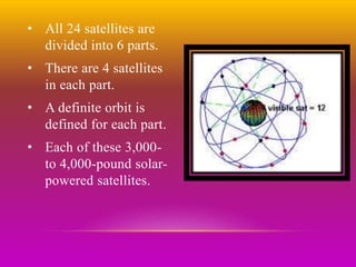 • All 24 satellites are
divided into 6 parts.
• There are 4 satellites
in each part.
• A definite orbit is
defined for each part.
• Each of these 3,000-
to 4,000-pound solar-
powered satellites.
 