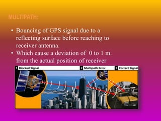 MULTIPATH:
• Bouncing of GPS signal due to a
reflecting surface before reaching to
receiver antenna.
• Which cause a deviation of 0 to 1 m.
from the actual position of receiver
 