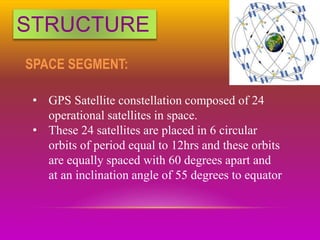 STRUCTURE
SPACE SEGMENT:
• GPS Satellite constellation composed of 24
operational satellites in space.
• These 24 satellites are placed in 6 circular
orbits of period equal to 12hrs and these orbits
are equally spaced with 60 degrees apart and
at an inclination angle of 55 degrees to equator
 