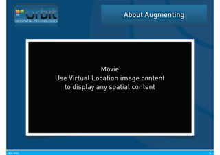 About Augmenting
     GEOSPATIAL TECHNOLOGIES




                                        Movie
                          Use Virtual Location image content
                            to display any spatial content




May 2010                                                          14
 